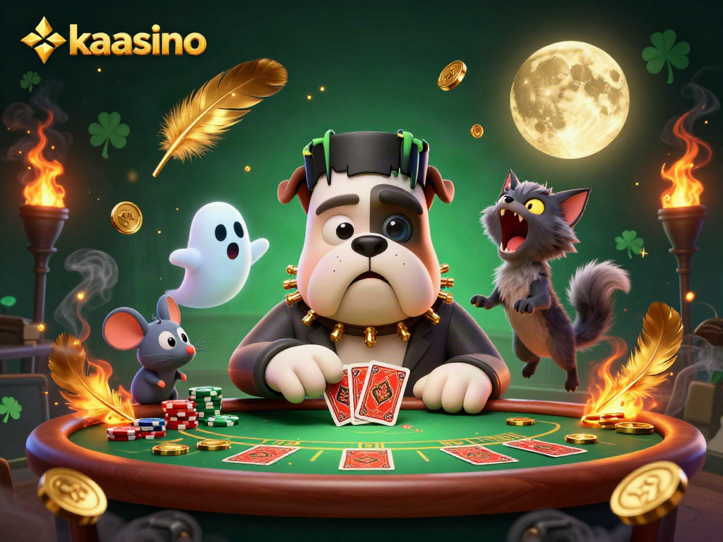 Kaasino offers engaging gameplay with a spooky 3D cartoon illustration featuring a bulldog dealer and a werewolf kitten.