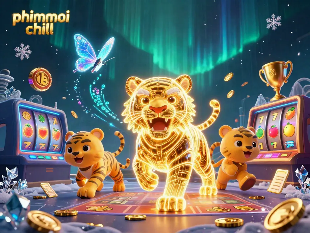 Experience the excitement of phimmoi chill with a vibrant 3D casino scene filled with golden tigers and dynamic slots.