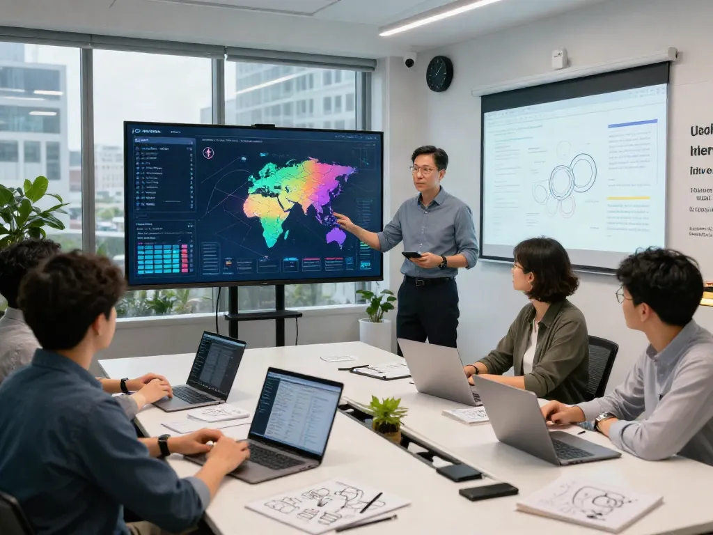 Team utilizing a GEO tracking tool in a modern office setting for real-time data visualization and collaboration.