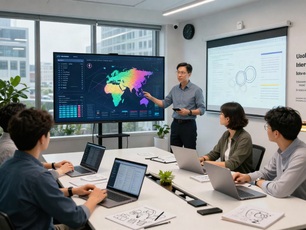 Team utilizing a GEO tracking tool in a modern office setting for real-time data visualization and collaboration.