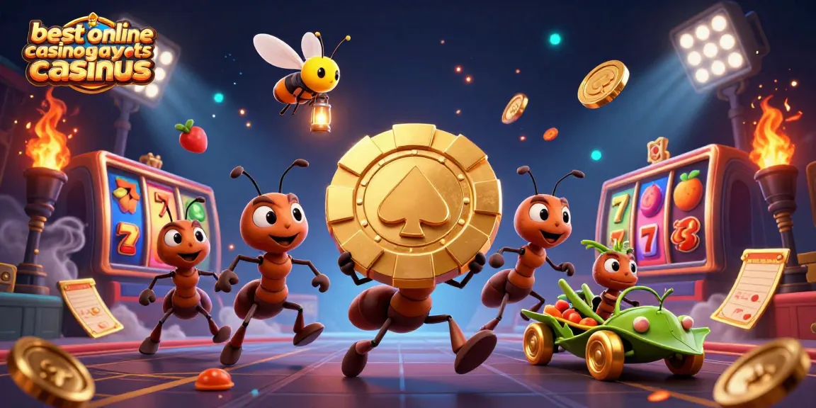 Engage with best online casino payouts casinous through a vibrant 3D illustration of ants on a gaming heist adventure.