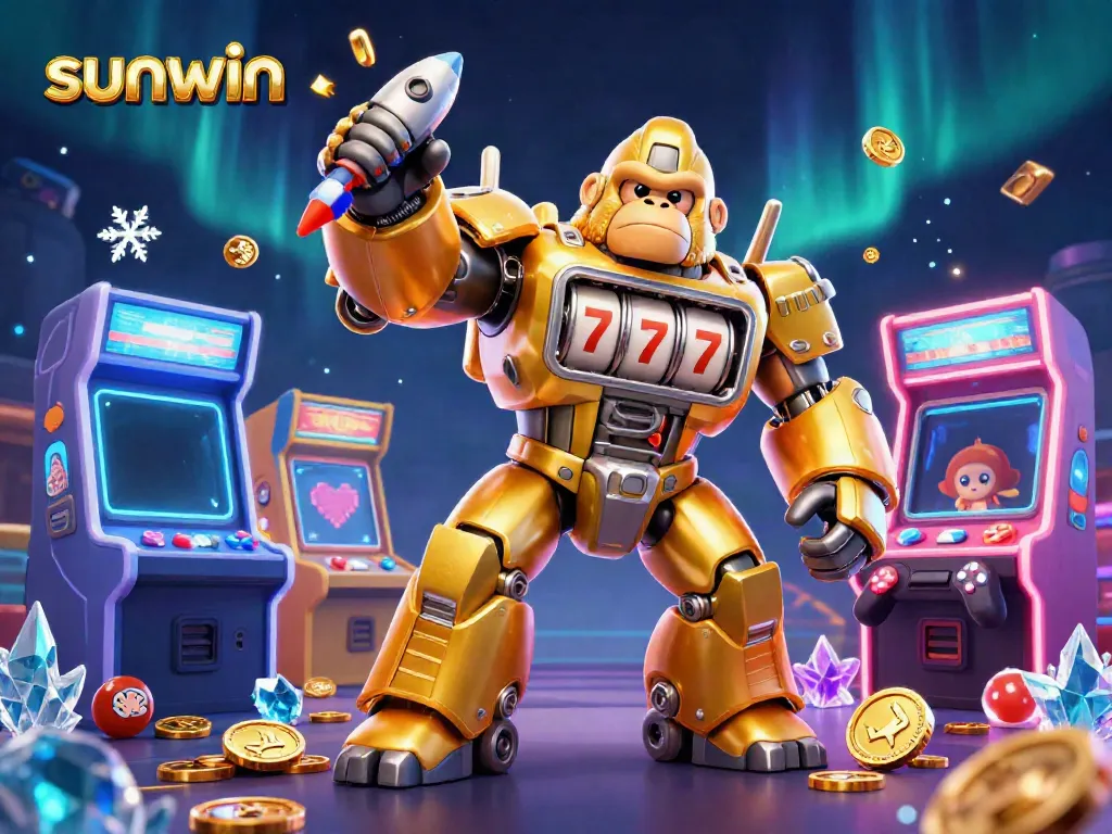 Spin and win with the dynamic sunwin arcade scene featuring a golden gorilla mech and vibrant gaming elements.