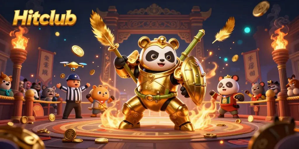 Engage in thrilling gameplay at Hitclub with a golden panda piloting a bamboo robot amid a vibrant casino arena.
