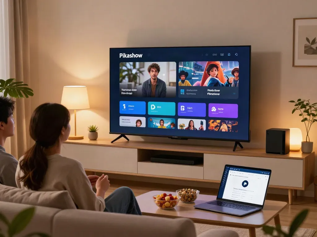 Pikashow new application apk showcased on a modern TV in a cozy living room setting.