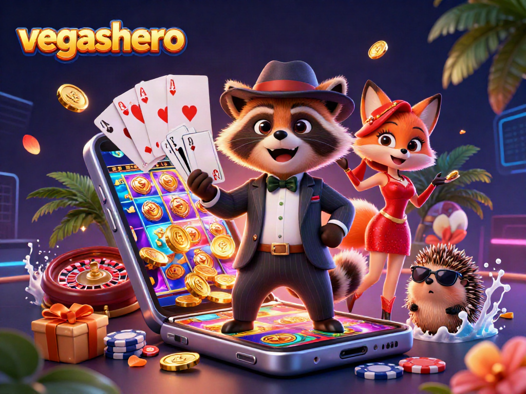Experience exciting gameplay at vegashero Casino with a raccoon in a royal flush scenario.
