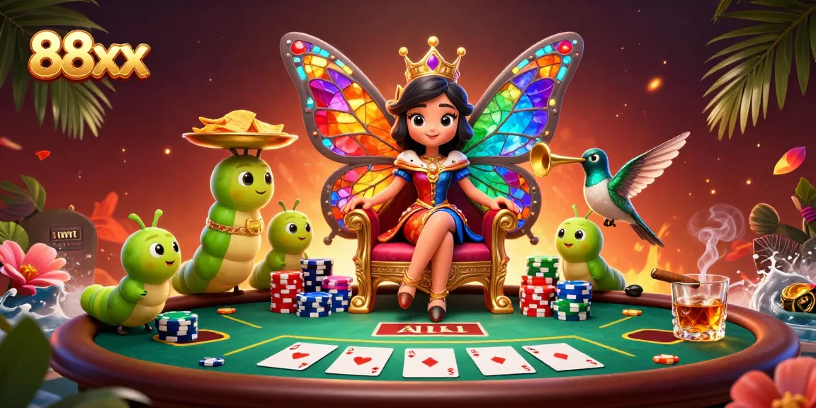 Experience high-stakes poker with the 88xx butterfly queen and vibrant casino elements.