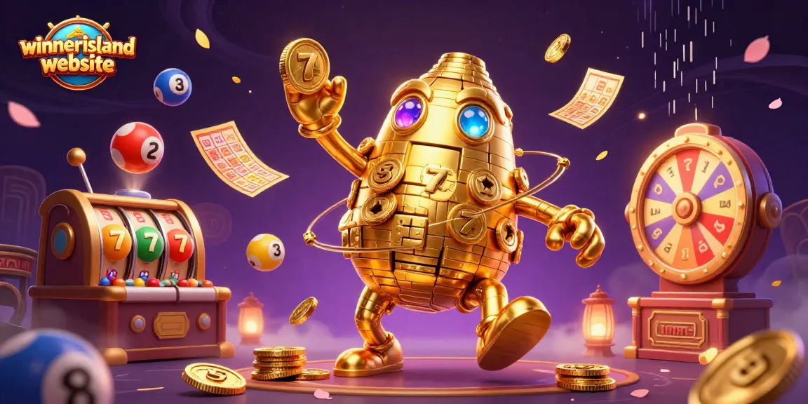 Engage with the winnerisland website through an exciting casino adventure featuring a golden golem and slot machines.
